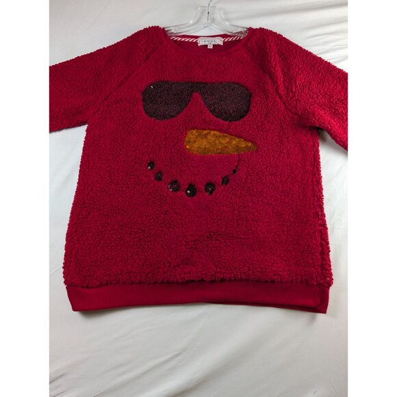 Poof New York Merry Christmas Sequin Snowman Face Sherpa Sweater Womens XL Red - Picture 2 of 7